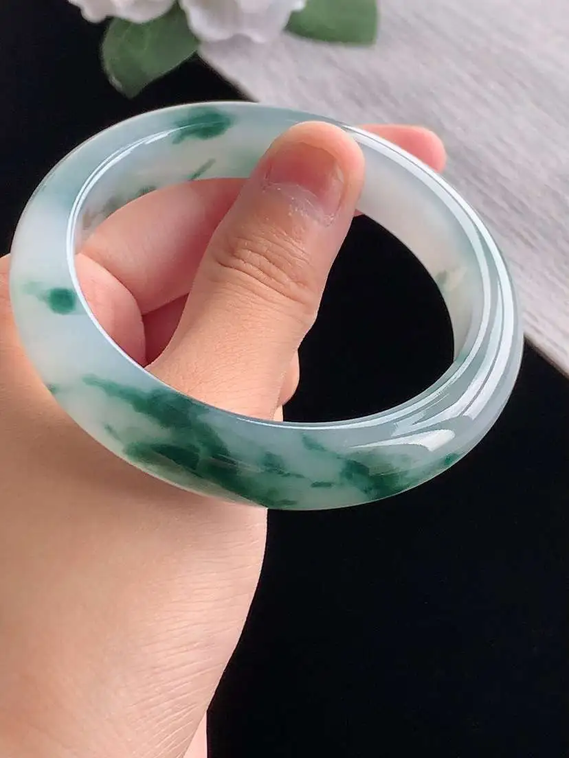a货翡翠老坑冰种飘花正装正圈手镯56-57圈口  尺寸56.8×12×8.6mm 重量60.80g 1014