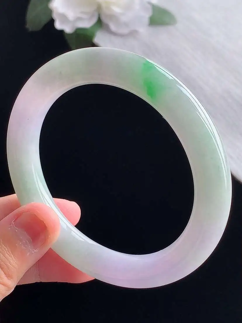 a货翡翠老坑冰种春带彩紫罗兰飘绿圆条手镯57-58圈口  尺寸57×10.3mm 重量58.66g 1014