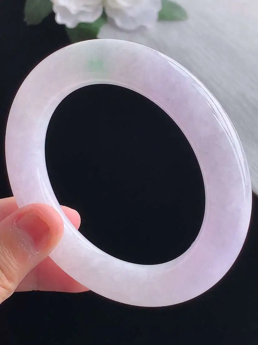 a货翡翠老坑冰种春带彩紫罗兰飘绿胖圆条手镯58-59圈口  尺寸58×12mm 重量87.36g 1014