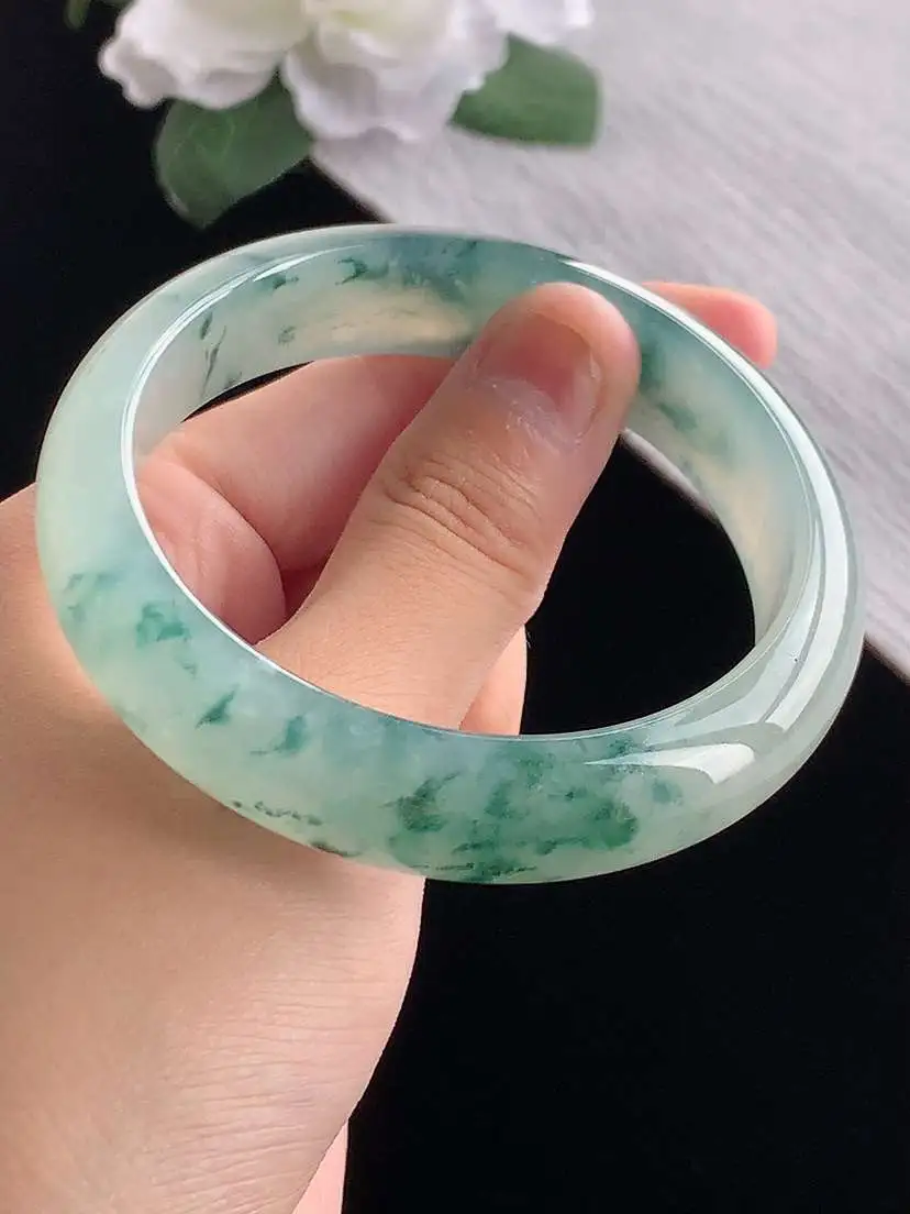 a货翡翠老坑冰种飘花正装正圈手镯57-58圈口  尺寸57.5×14.2×7.8mm 重量61.20g 1014