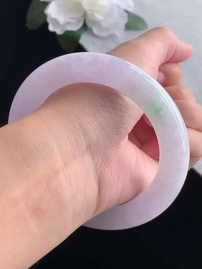 a货翡翠老坑冰种春带彩紫罗兰飘绿胖圆条手镯58-59圈口  尺寸58×12mm 重量87.36g 1014