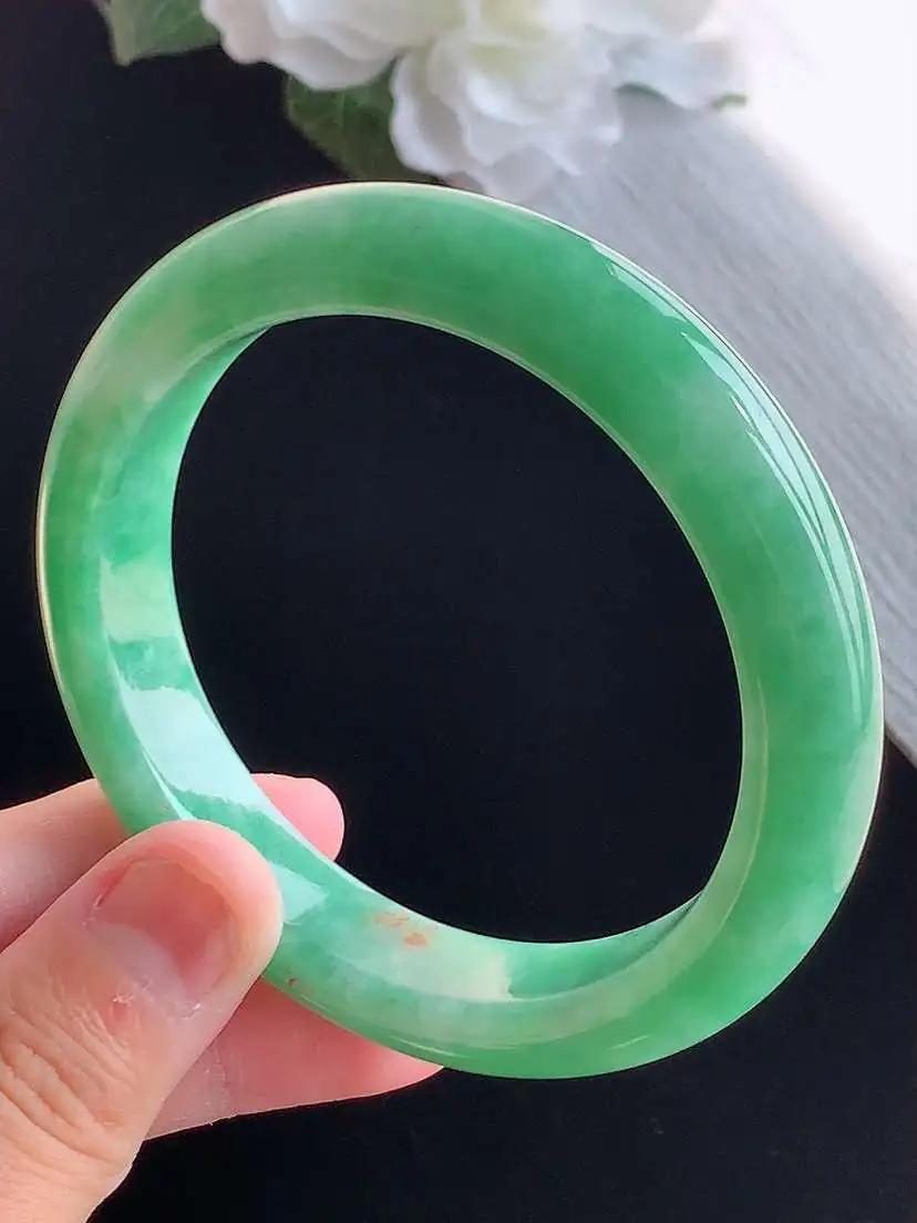 a货翡翠老坑冰种满绿正装正圈手镯57-58圈口  尺寸57.5×11.3×8.5mm 重量59.52g 1015
