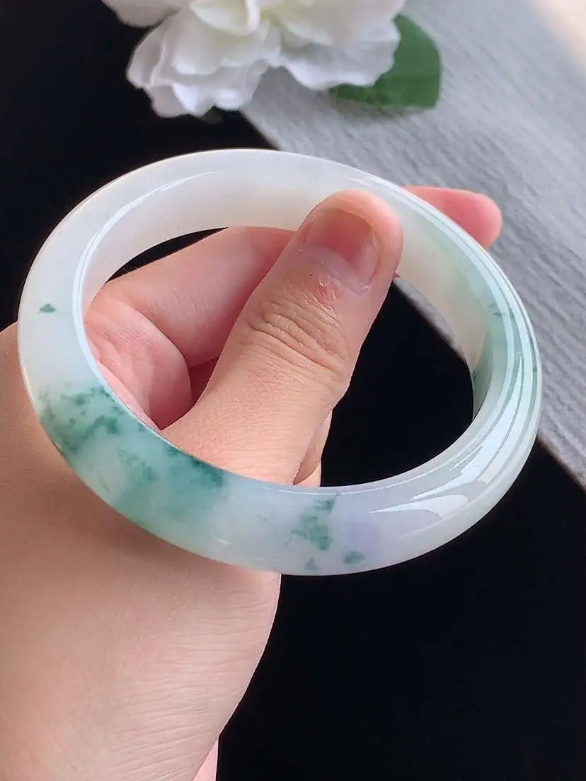 a货翡翠老坑冰种紫底飘花正装正圈手镯57-58圈口  尺寸57.6×12.5×8.2mm 重量60.95g 1015