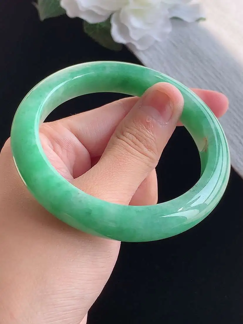 a货翡翠老坑冰种满绿正装正圈手镯57-58圈口  尺寸57.5×11.3×8.5mm 重量59.52g 1015