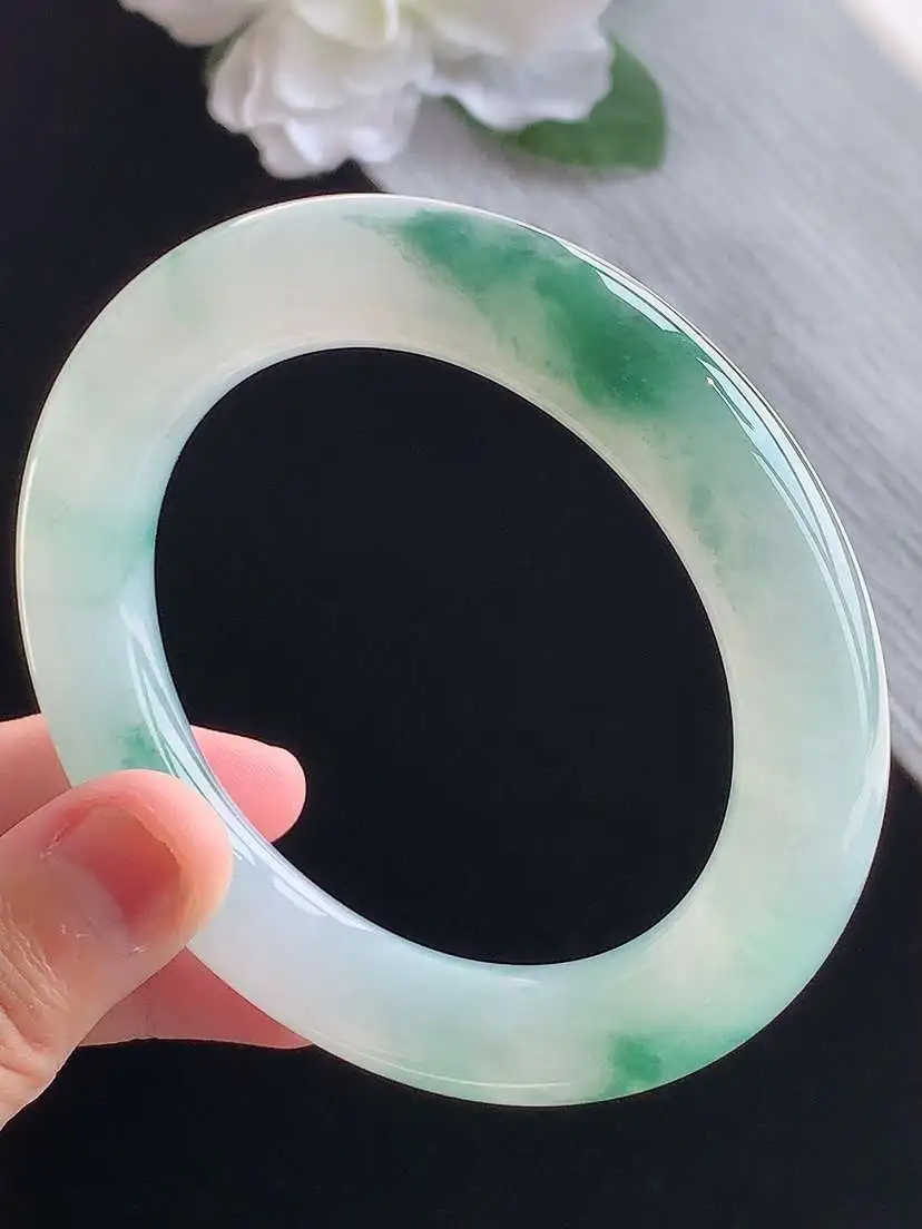 a货翡翠老坑冰种飘花胖圆条手镯56-57圈口 尺寸56.5×11.7mm 重量78.52g 1015