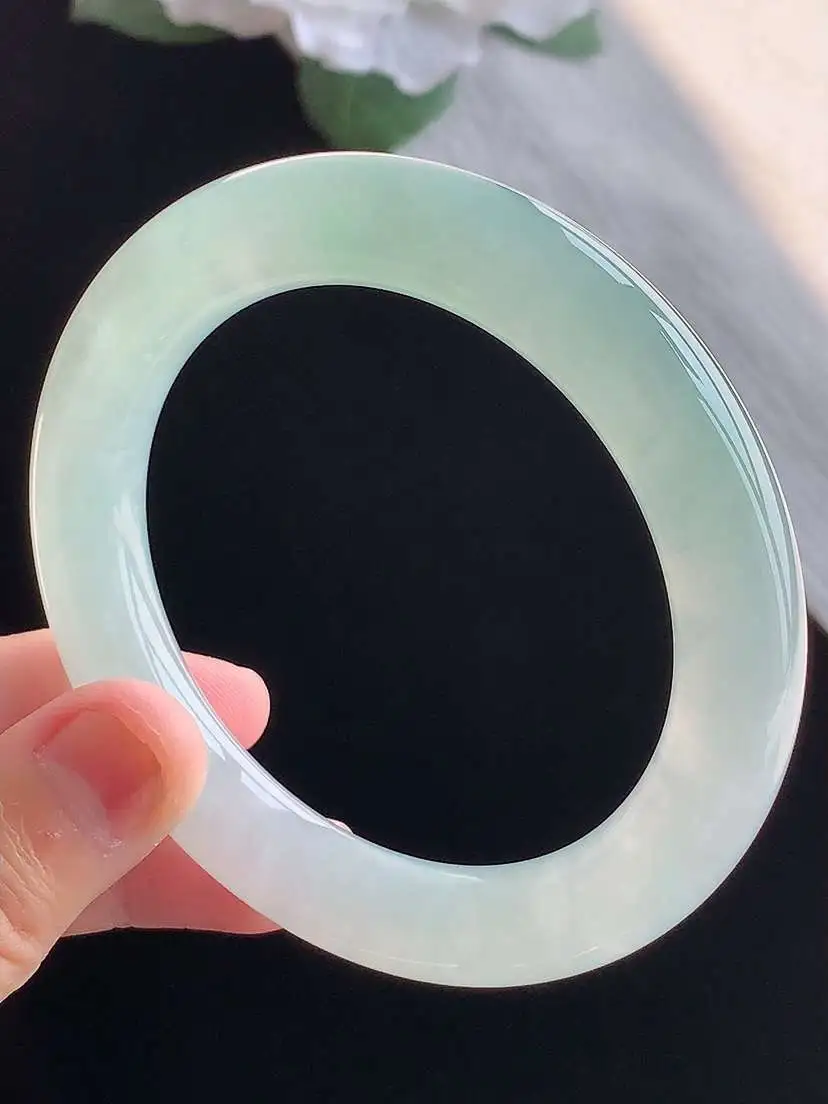 a货翡翠老坑冰种晴水圆条手镯56-57圈口 尺寸56.3×10.7mm 重量66.35g 1016