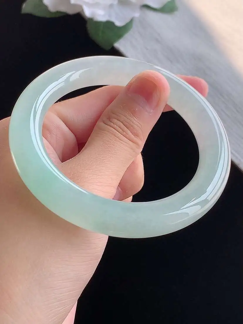 a货翡翠老坑冰种晴水圆条手镯56-57圈口 尺寸56.3×10.7mm 重量66.35g 1016