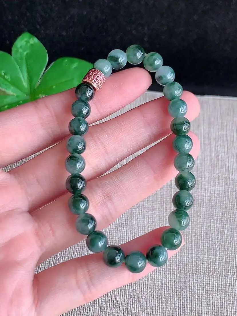 a货翡翠老坑冰种飘花圆珠佛珠手串26颗 尺寸6.7mm 重量16.12g 1018