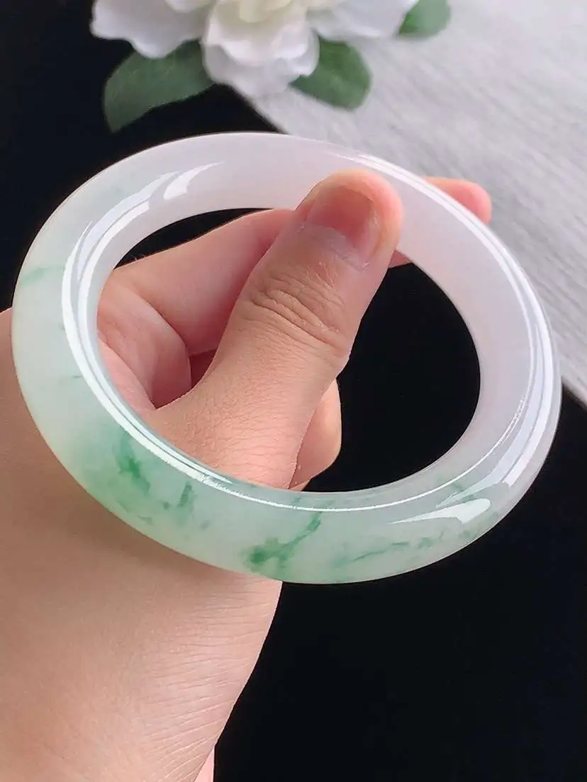 a货翡翠老坑冰种飘花胖圆条手镯57-58圈口  尺寸57.3×11.8mm 重量80.33g 1017 A77
