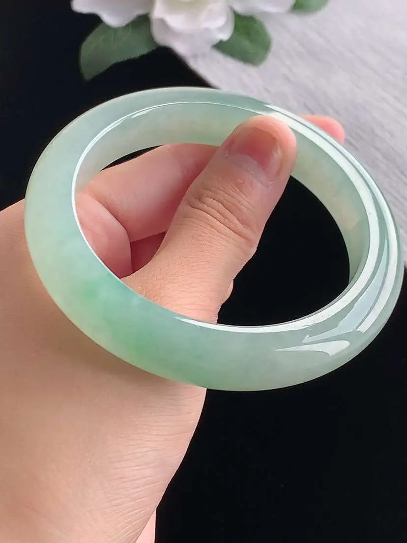 a货翡翠老坑冰种飘绿晴绿正装正圈手镯59-60大圈口  尺寸59.5×12×9.5mm 重量72.68g 1017