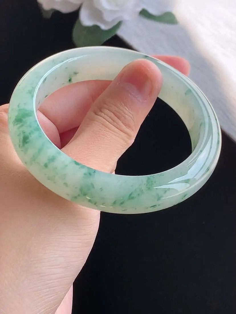 a货翡翠老坑冰种飘花正装正圈手镯54-55圈口  尺寸54.5×12.5×8mm 重量59.68g 1018