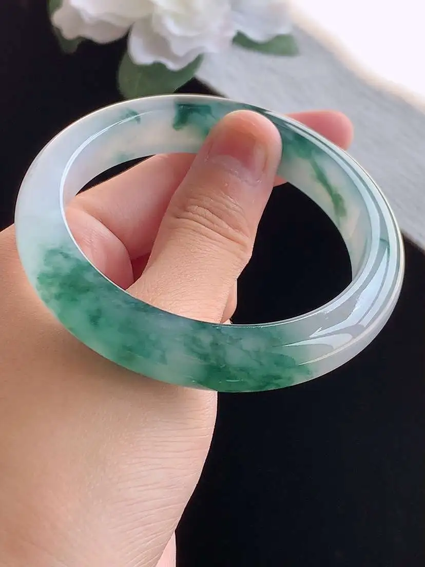 a货翡翠老坑冰种飘花正装正圈手镯57-58圈口  尺寸57.8×12.2×8.5mm 重量61.95g 1018M