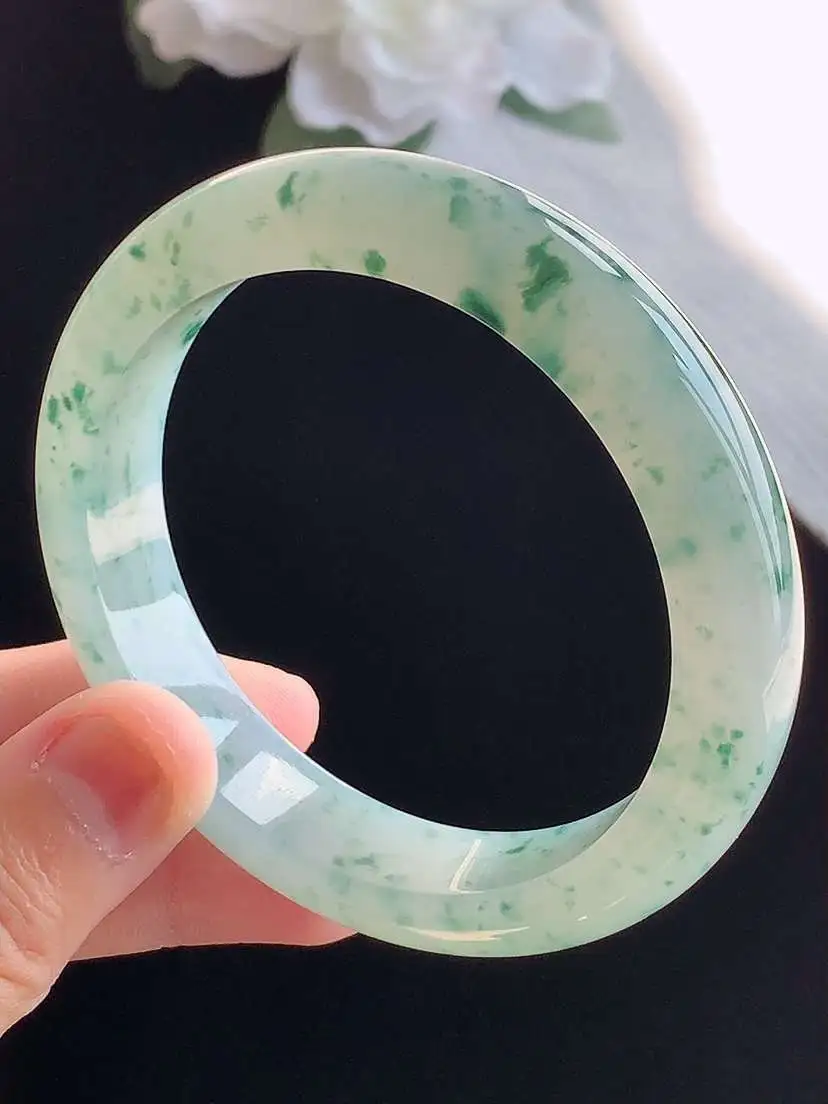 a货翡翠老坑冰种飘花正装正圈手镯56-57圈口  尺寸56×12.4×8mm 重量59.13g 10