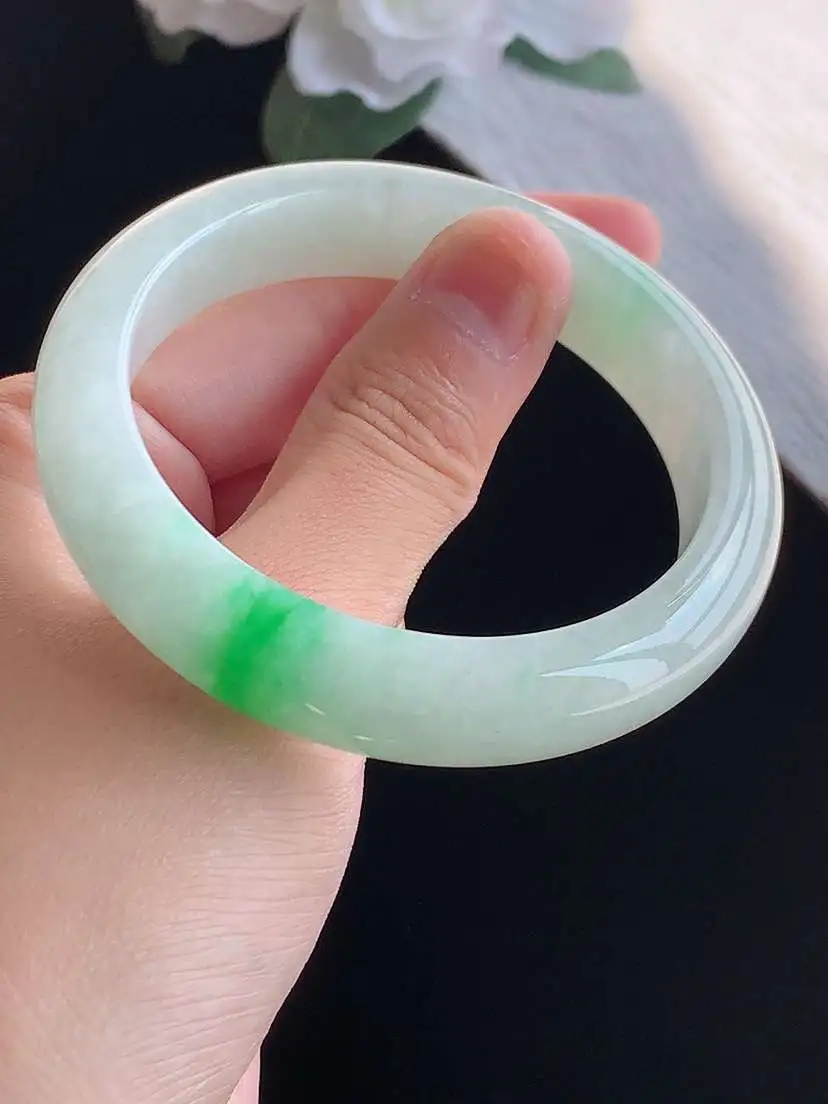 a货翡翠老坑冰种飘阳绿正装正圈手镯54-55圈口  尺寸54.8×12.2×8mm 重量55.03g 1018