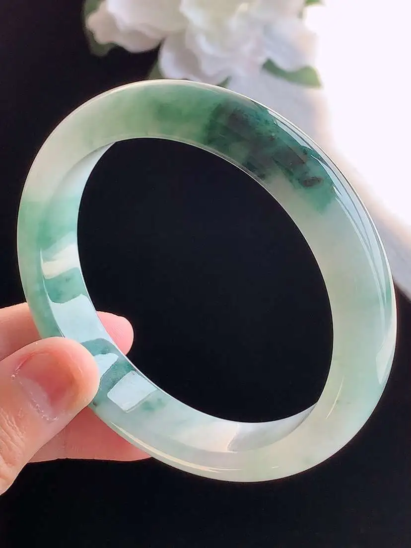 a货翡翠老坑冰种飘花正装正圈手镯59-60大圈口  尺寸59.5×12.5×8.3mm 重量61.83g 1018