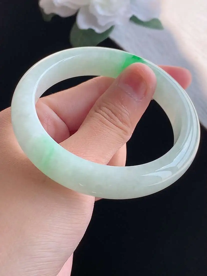 a货翡翠老坑冰种飘阳绿正装正圈手镯54-55圈口  尺寸54.8×12.2×8mm 重量55.03g 1018