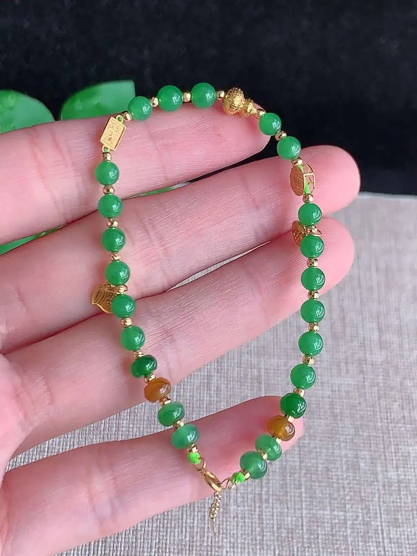 a货翡翠老坑冰种18K金镶嵌满绿圆珠小米珠手串  尺寸4.3mm 重量3.76g 1019