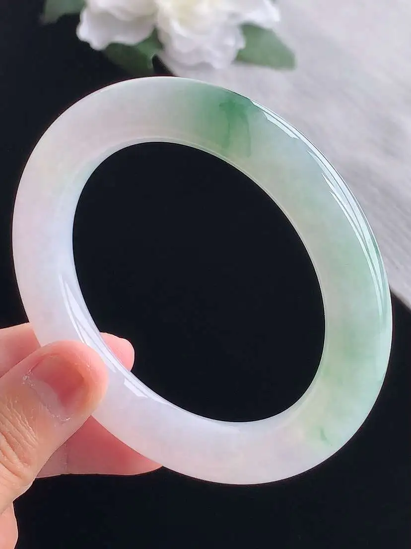 a货翡翠老坑冰种紫罗兰飘花胖圆条手镯57-58圈口 尺寸57.6×11.6mm 重量75.56g 1019