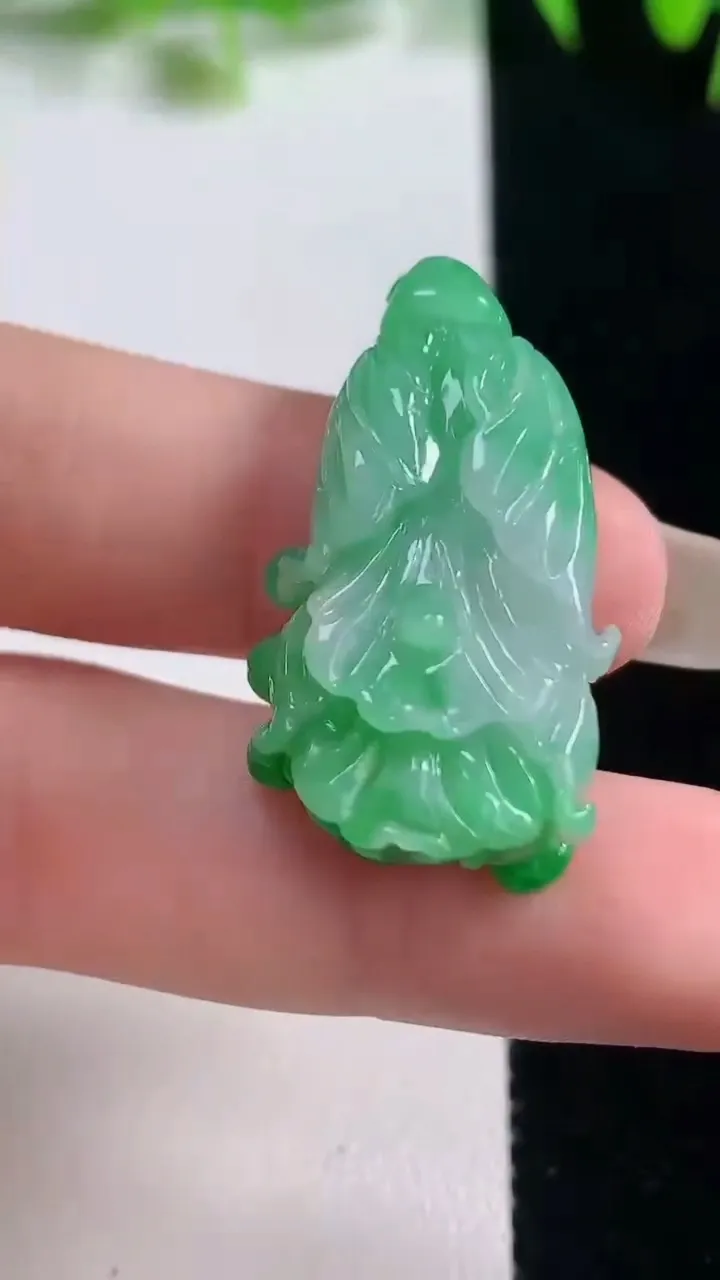 天然A货翡翠白菜吊坠，尺寸31.9-16.7-10.3，重量:8.79g
10月20日