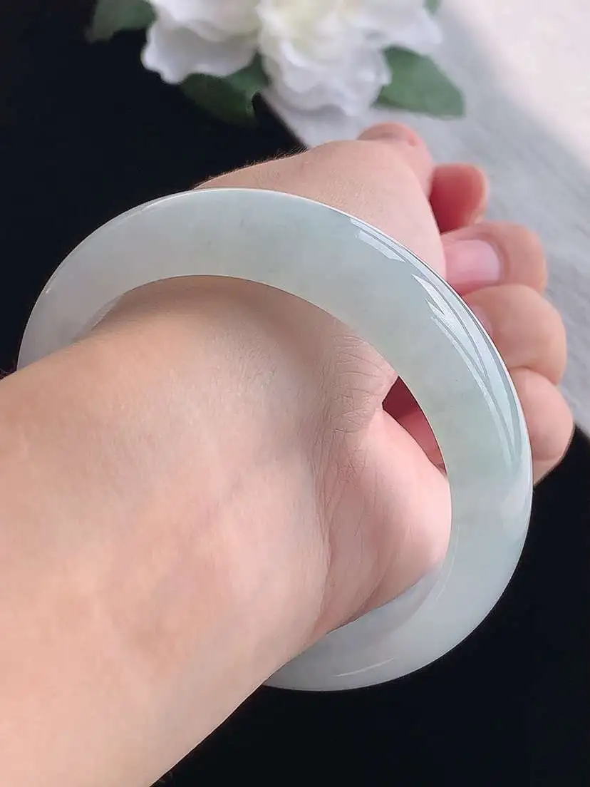 a货翡翠老坑冰种白月光宽边正装正圈手镯57-58圈口  尺寸57.5×15.8×7.5mm 重量75.70g 1019