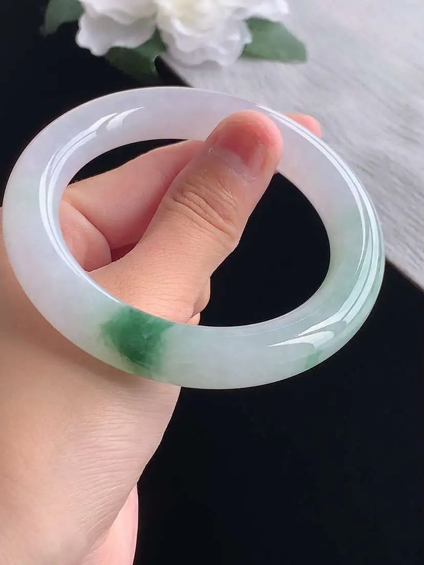 a货翡翠老坑冰种紫罗兰飘花胖圆条手镯57-58圈口 尺寸57.6×11.6mm 重量75.56g 1019