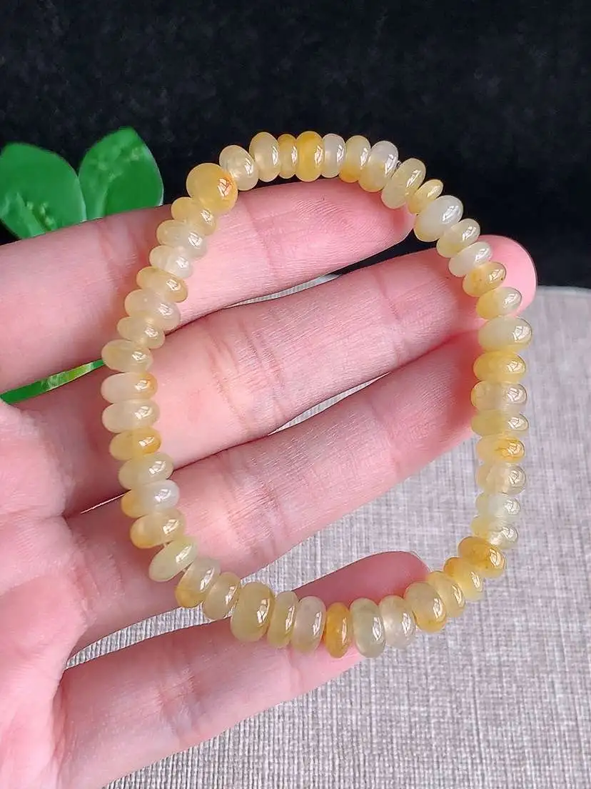 a货翡翠老坑冰种黄翡算盘珠手串49颗 尺寸6.8×4.5mm 重量15.20g 1019
