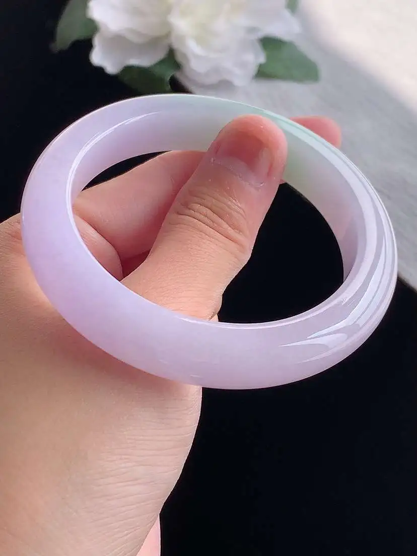 a货翡翠老坑冰种春带彩紫罗兰飘绿正装正圈手镯56-57圈口 尺寸56.2×11.6×9mm 重量62.78g 1019