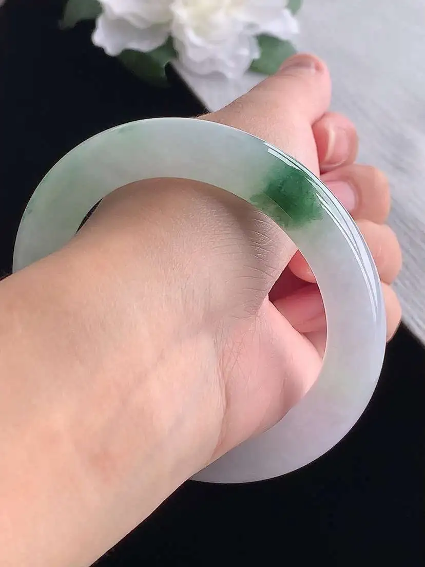 a货翡翠老坑冰种紫罗兰飘花胖圆条手镯57-58圈口 尺寸57.6×11.6mm 重量75.56g 1019