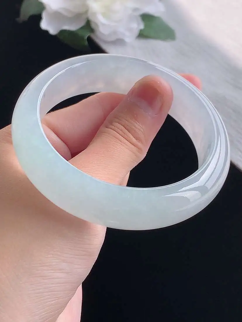 a货翡翠老坑冰种白月光宽边正装正圈手镯57-58圈口  尺寸57.5×15.8×7.5mm 重量75.70g 1019