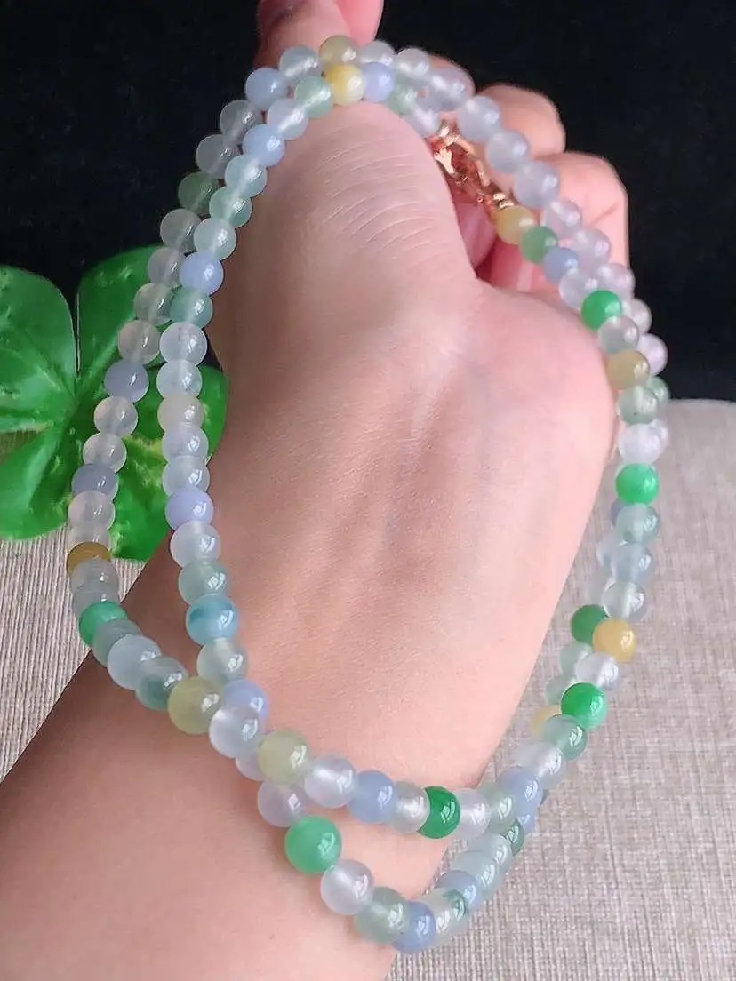 a货翡翠老坑冰种多彩圆珠项链毛衣链110颗  尺寸6.2mm 重量45.66g 1023