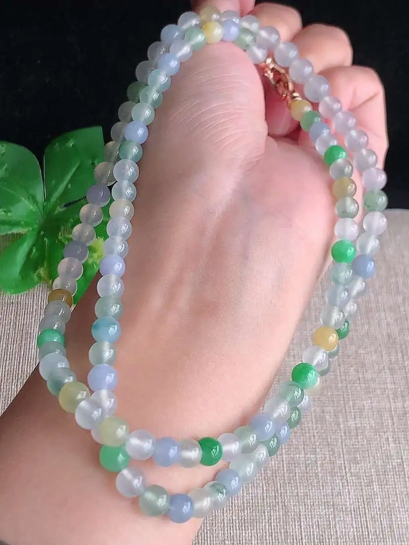 a货翡翠老坑冰种多彩圆珠项链毛衣链110颗  尺寸6.2mm 重量45.66g 1023