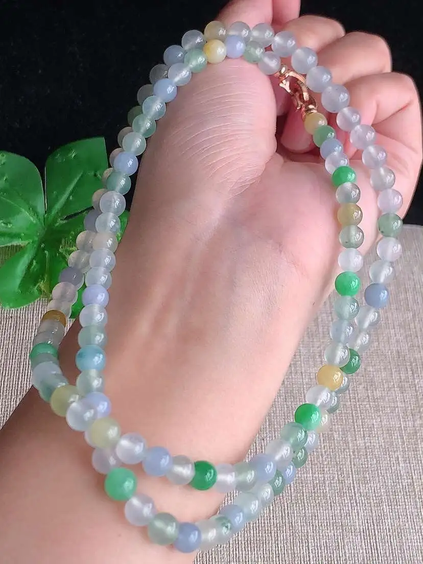 a货翡翠老坑冰种多彩圆珠项链毛衣链110颗  尺寸6.2mm 重量45.66g 1023