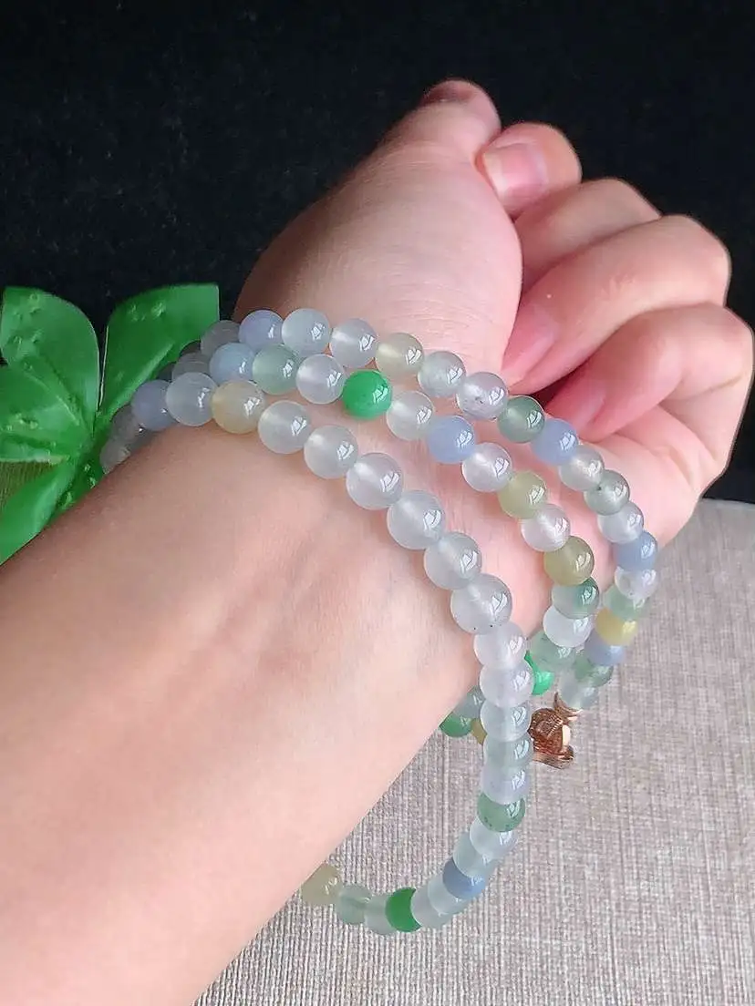 a货翡翠老坑冰种多彩圆珠项链毛衣链110颗  尺寸6.2mm 重量45.66g 1023