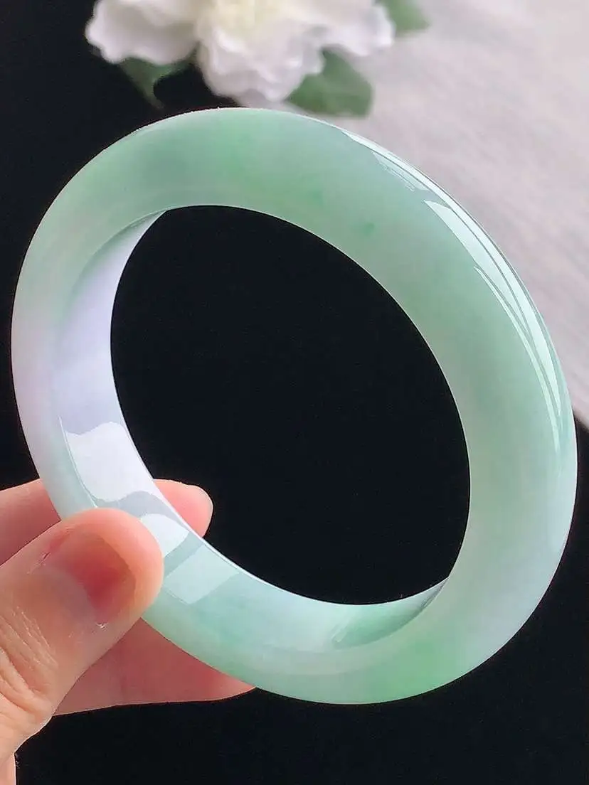 a货翡翠老坑冰种春带彩紫罗兰飘绿厚装正装正圈手镯60-61大圈口  尺寸60×13.8×9.3mm 