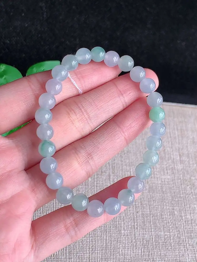 a货翡翠老坑冰种飘绿圆珠佛珠手串27颗  尺寸6.7mm 重量14.86g 1026