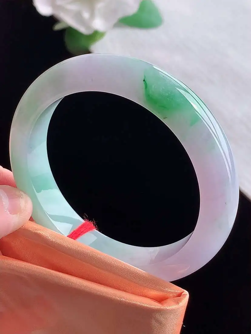 a货翡翠老坑冰种春带彩紫罗兰飘绿正装正圈手镯52-53小圈口 尺寸52×11.6×8.2mm  10