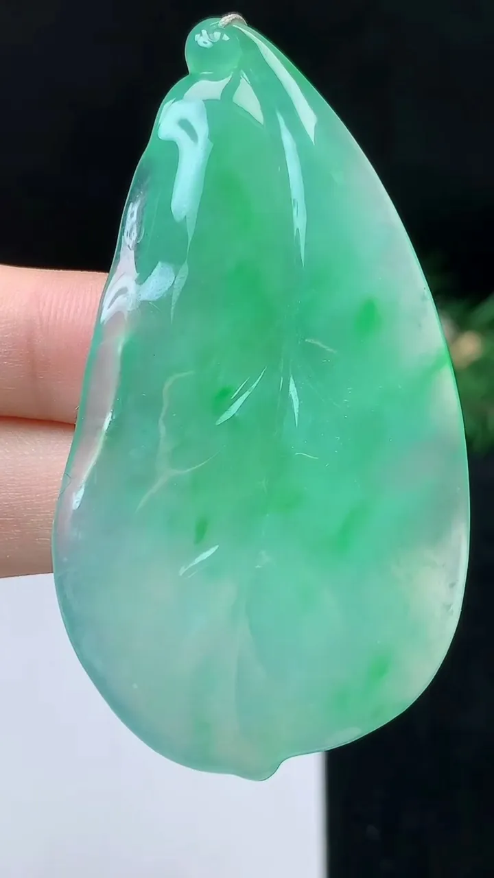 天然A货翡翠金枝玉叶 叶子吊坠，尺寸65.3-35.8-5.4，重量:23.02g
10月27日