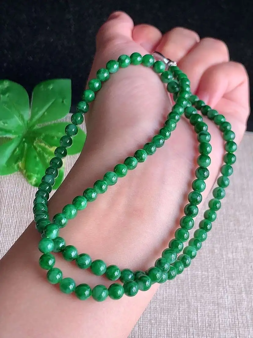 a货翡翠老坑冰种满绿圆珠项链毛衣链108颗  尺寸4.8mm 重量26.34g 1026
