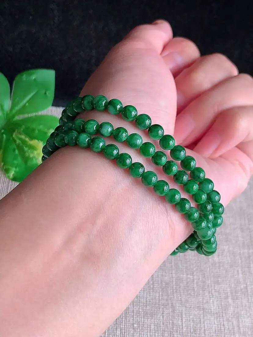 a货翡翠老坑冰种满绿圆珠项链毛衣链108颗  尺寸4.8mm 重量26.34g 1026