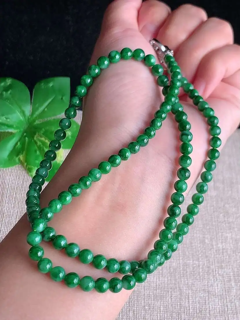 a货翡翠老坑冰种满绿圆珠项链毛衣链108颗  尺寸4.8mm 重量26.34g 1026