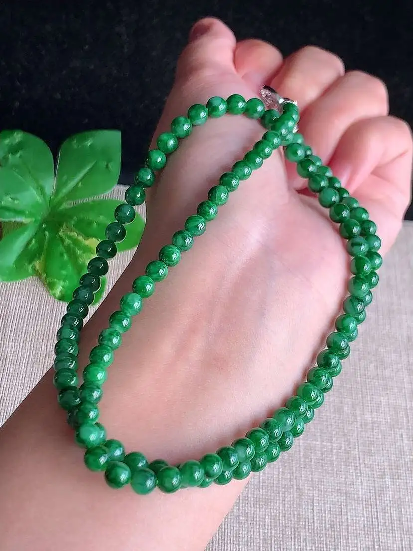 a货翡翠老坑冰种满绿圆珠项链毛衣链108颗  尺寸4.8mm 重量26.34g 1026