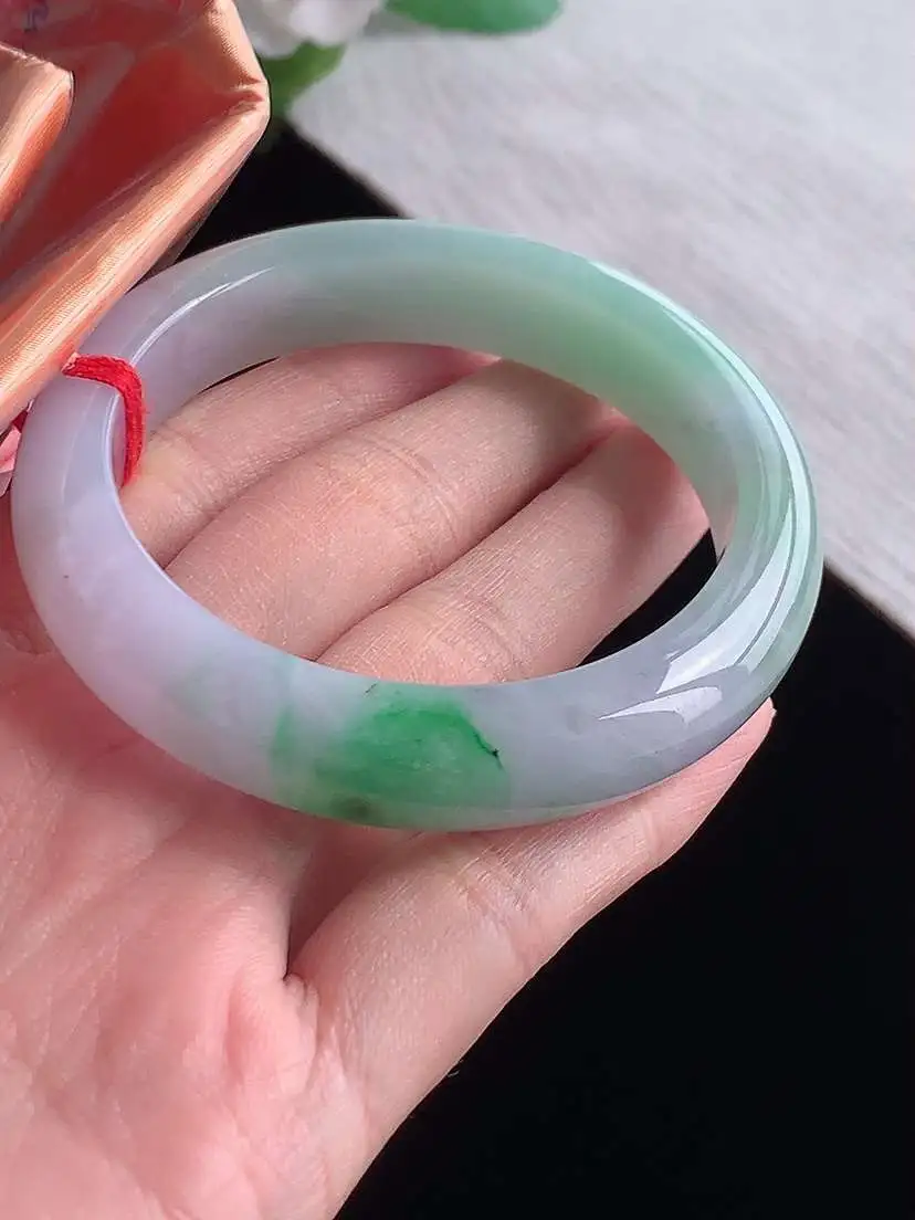 a货翡翠老坑冰种春带彩紫罗兰飘绿正装正圈手镯52-53小圈口 尺寸52×11.6×8.2mm  1025