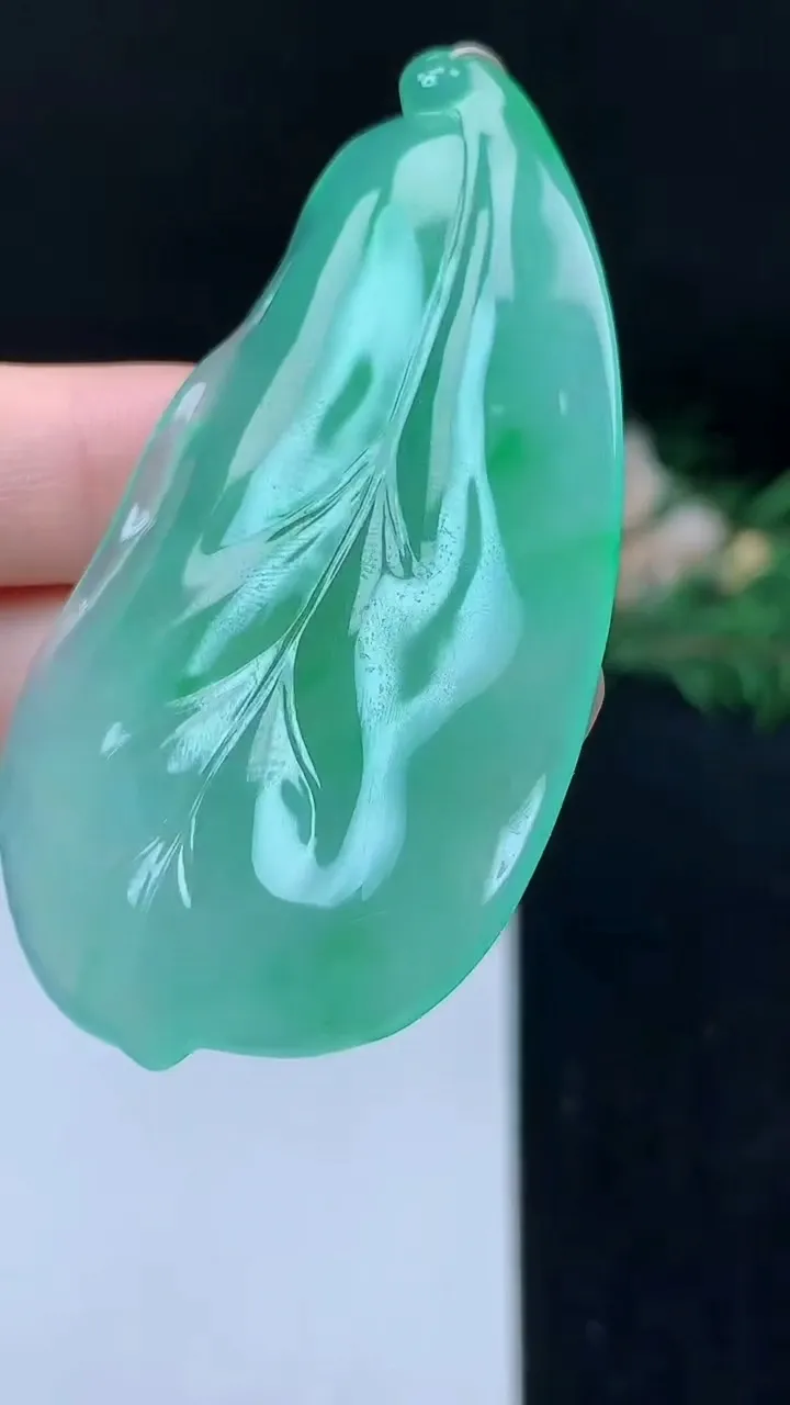 天然A货翡翠金枝玉叶 叶子吊坠，尺寸65.3-35.8-5.4，重量:23.02g
10月27日