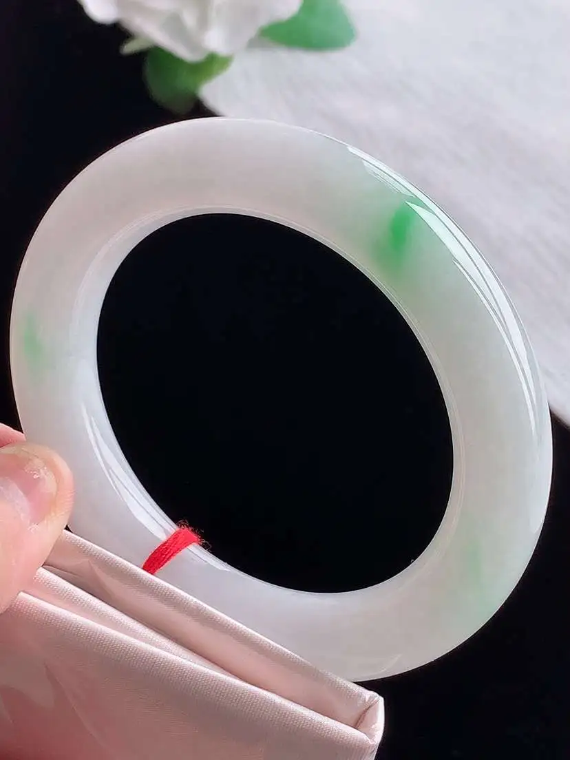 a货翡翠老坑冰种飘绿胖圆条手镯57-58圈口 尺寸57×12mm  1025