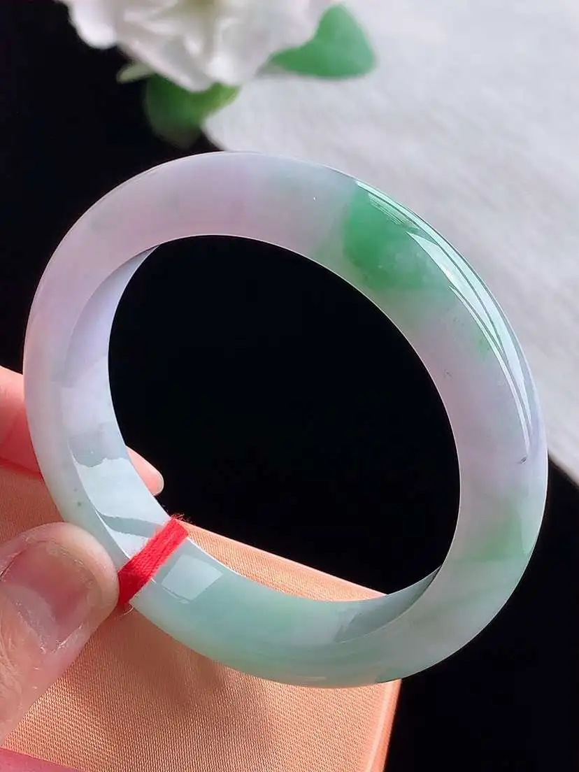 a货翡翠老坑冰种春带彩紫罗兰飘绿正装正圈手镯52-53小圈口 尺寸52×11.6×8.2mm  1025