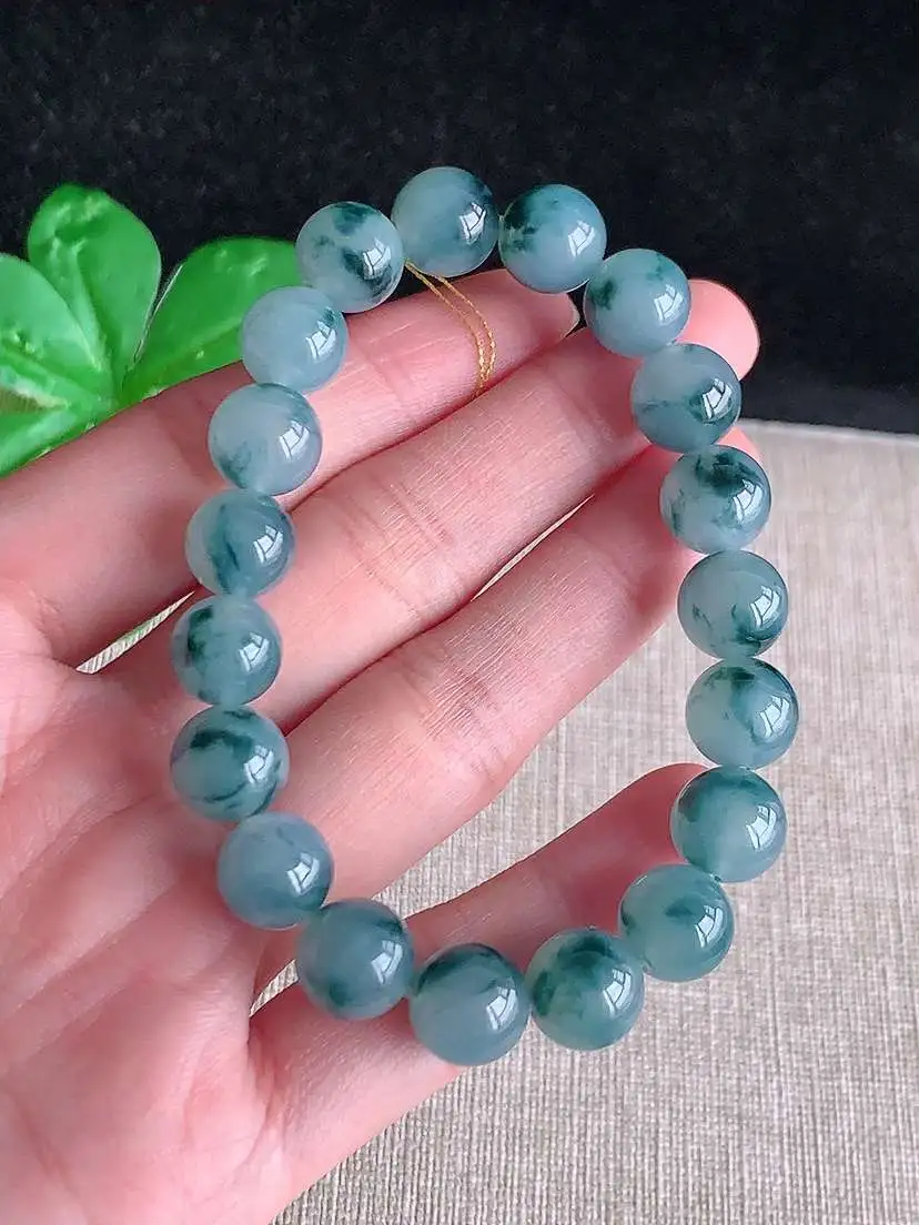 a货翡翠老坑冰种飘花圆珠佛珠手串19颗  尺寸10mm 重量35.48g 1028