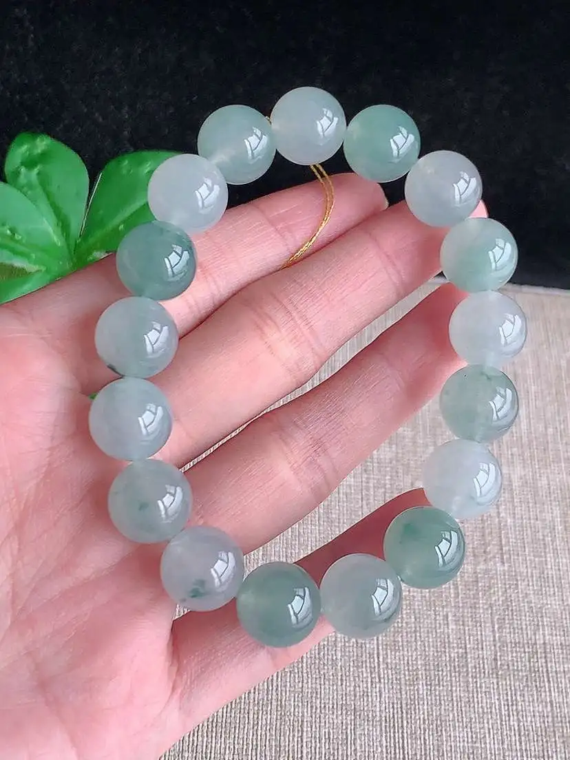 a货翡翠老坑冰种飘花圆珠佛珠手串17颗  尺寸12mm 重量56.75g 1028