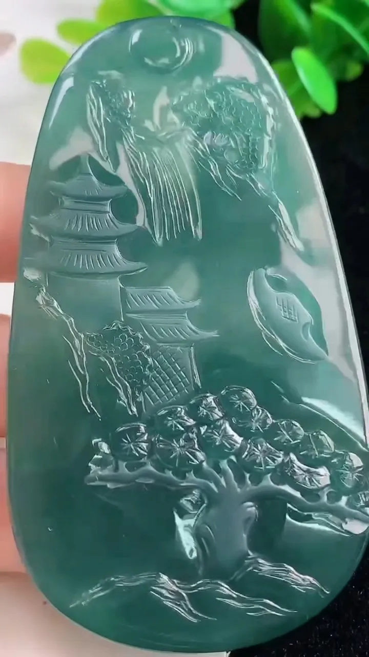 天然A货翡翠蓝水山水文殊菩萨吊坠，尺寸81.5-46.3-7，重量:52.27g
10月28日