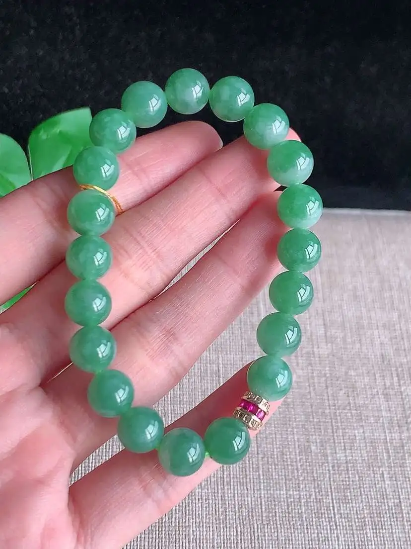 a货翡翠老坑冰种满绿圆珠佛珠手串20颗  尺寸8.6mm 重量25.48g 1028