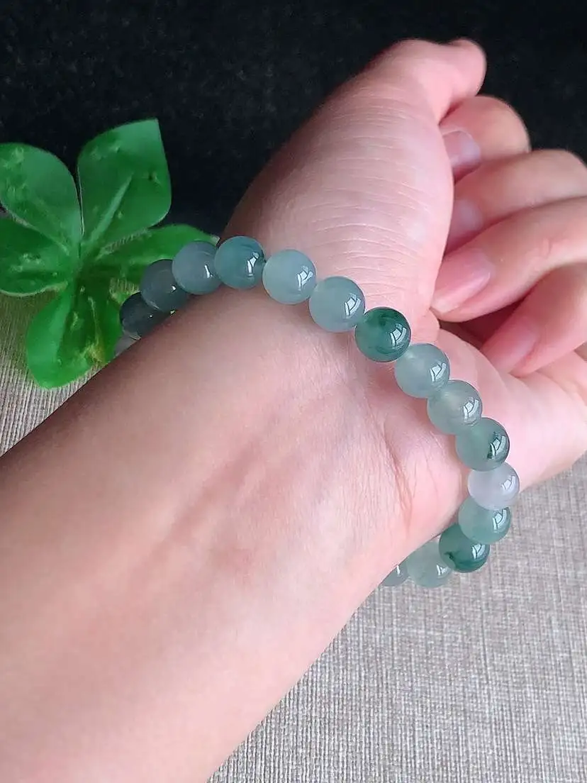 a货翡翠老坑冰种飘花圆珠佛珠手串23颗  尺寸7.6mm 重量18.18g 1028